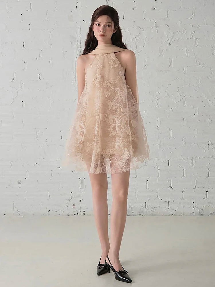 Jacquard Scarf+Dress Women Patchwork Cross Bandage Backless Elegant Banquet Birthday Party Sleeveless Mini Bodycon