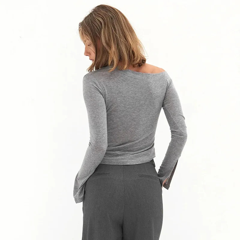One Shoulder Slit Long Sleeve Tee Shirts Ladies Casual Grey Tops Woman's Clothes Fall