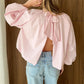 Women Backless Bow Tie Blouse Stand Collar Puff Long Sleeve Pleated Loose Cropped Shirt Solid Casual Daily Going Out Top