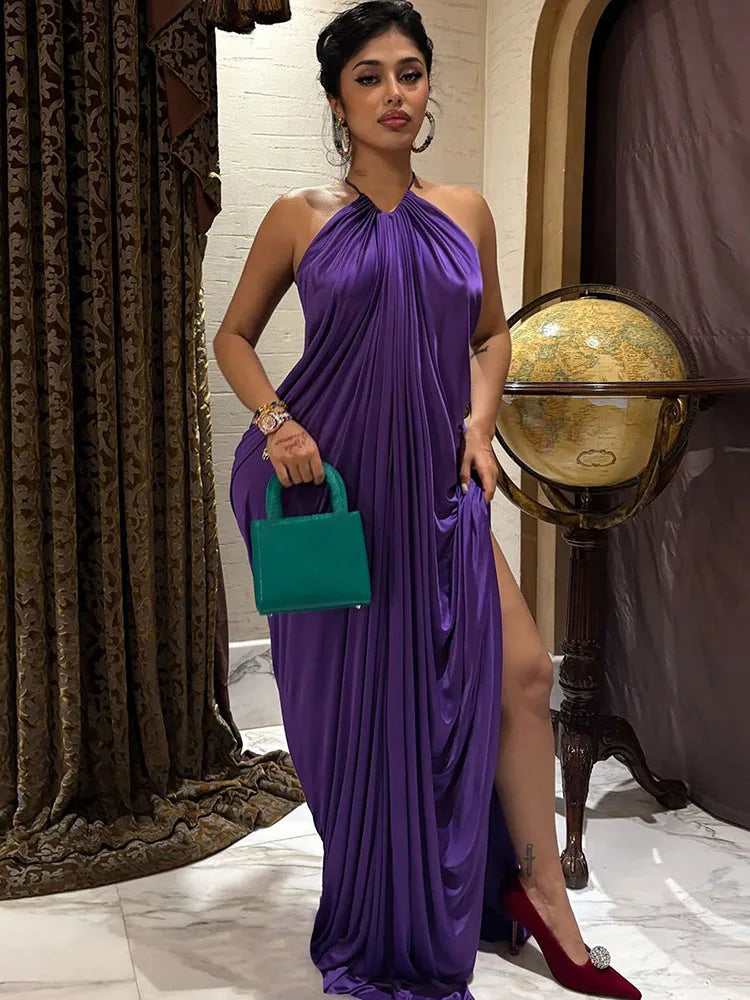 Elegant Ruched Halter Dress Woman Sexy Sleeveless Summer Trend Silky Skinny Gown Robe Vacation Banquet Party Vestidos