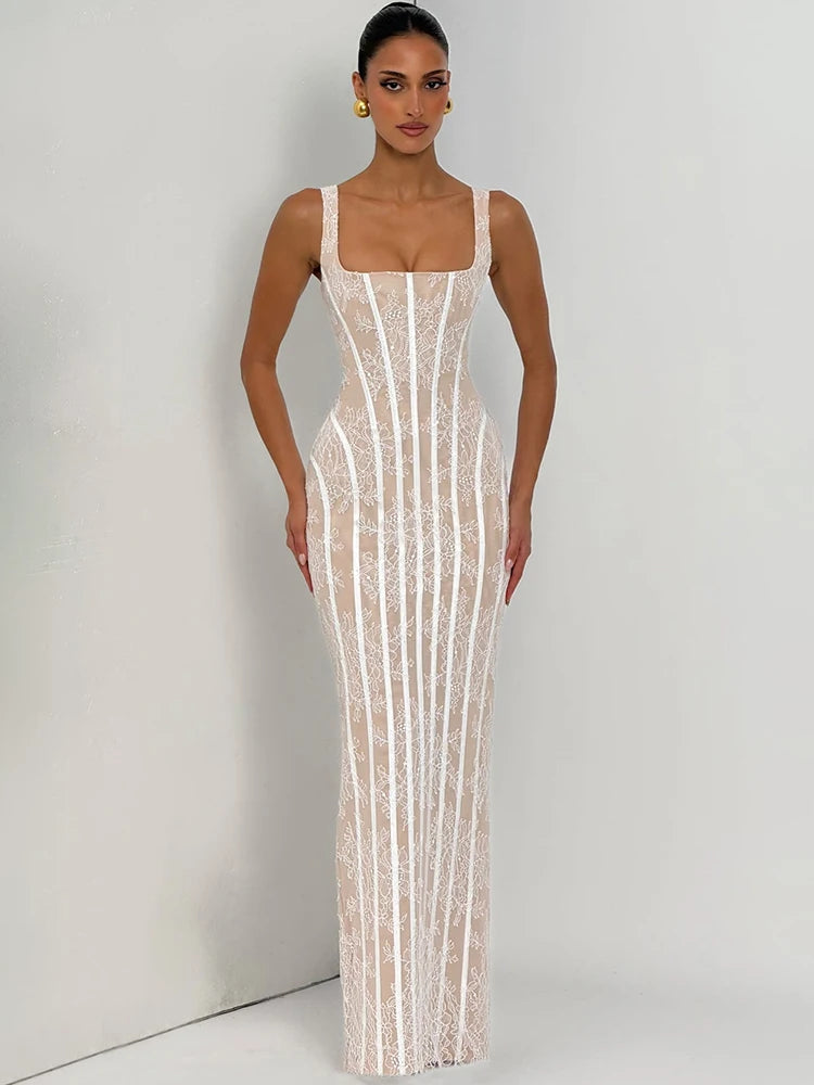 Square Neck Spaghetti Strap Sexy Maxi Dress Women Lace Mesh Striped Bodycon Elegant Wedding Guest Evening Party Dresses