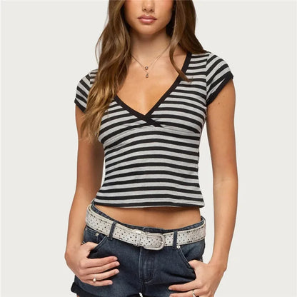 Y2K Hot Girl Multi Color Contrast Trim Striped Crop T Shirt Women Wrap Deep V Cap Sleeve Slim Fitted Cropped Street Top