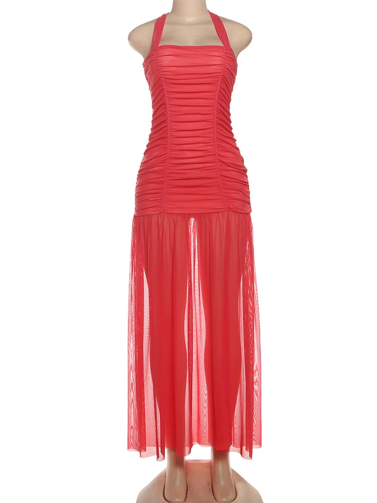 Ruched Halter Dress Women Summer Trend Sleeveless Backless Patchwork Mesh Hem Midnight Clubwear Party Maxi Bodycon