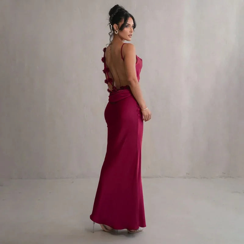 Flower Applique Backless Maxi Dress Sexy Satin Evening Party Dresses for Women Elegant Wedding Guest Outfits