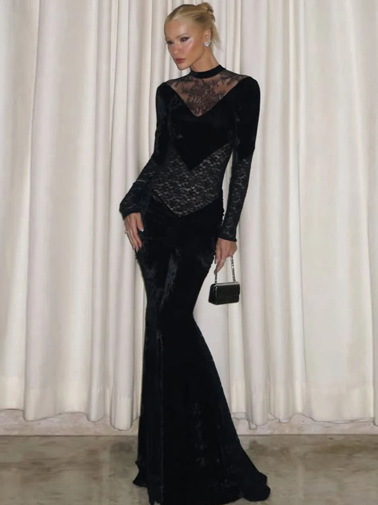 Lace Patchwork Long Dress Woman Autumn Trend o-Neck Full Sleeve High Waist Robe Midnight Prom Party Elegant Vestidos