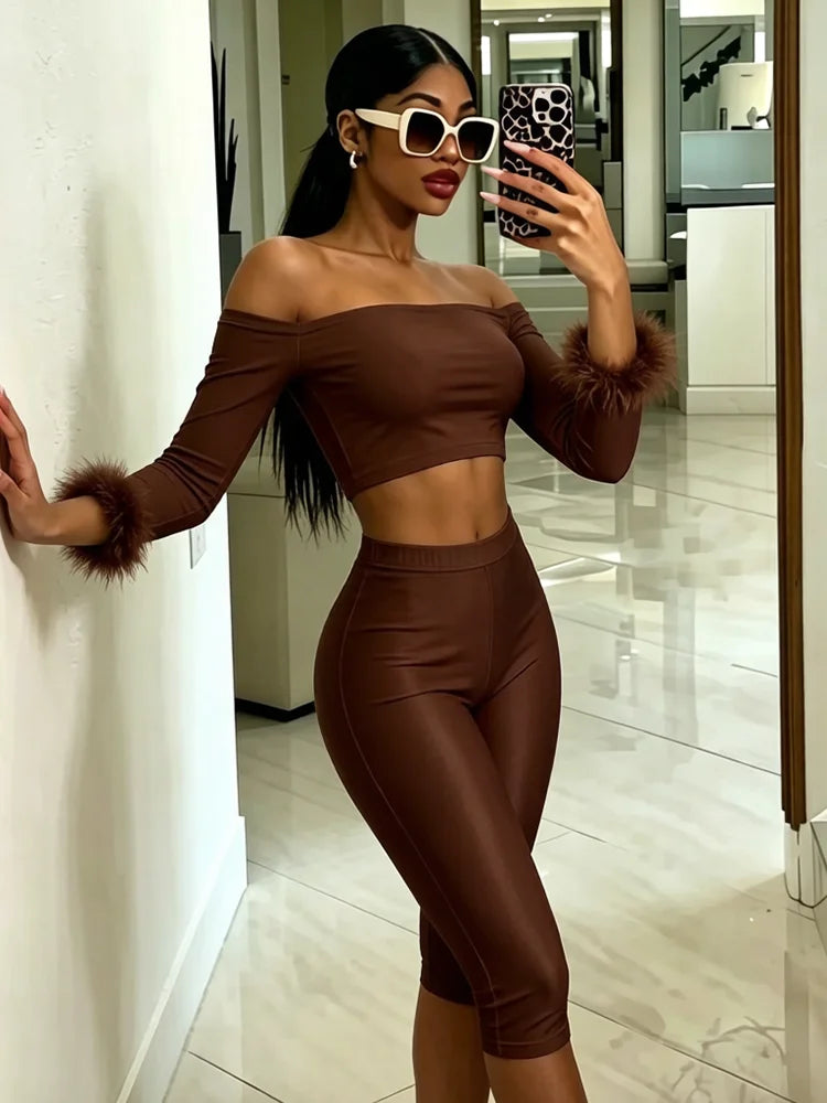 Fashion Satin 2 Piece Set Women Simple Furs Patchwork Slash Neck T-Shirts+Mid-Length Shorts Trend Party Street Suits