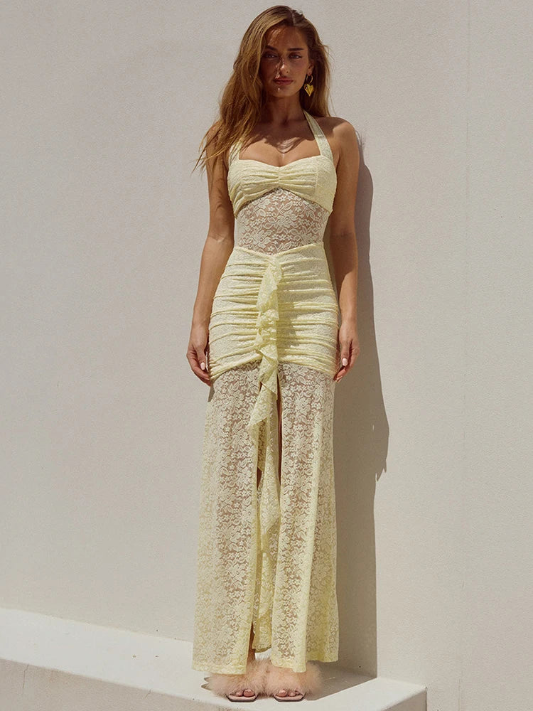 Lace Draped Ruched Sexy Maxi Dress Women Summer Patchwork Halter Sleeveless Backless Bodycon Club Long Dress Elegant