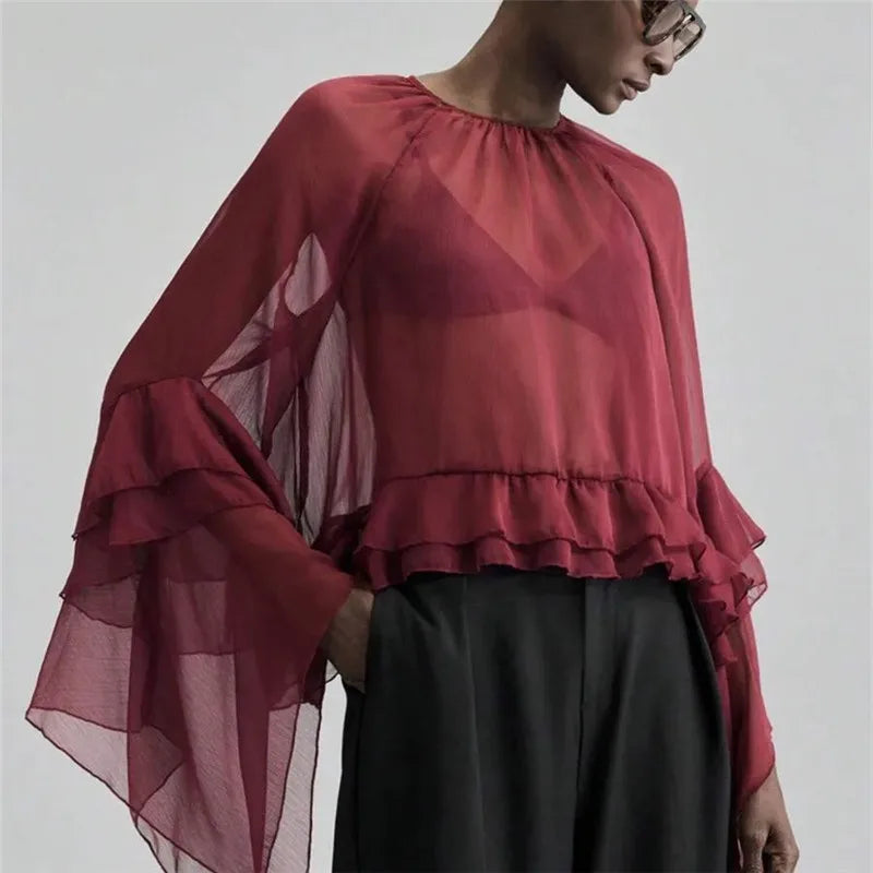 High Street Solid Color Ruffled Long Sleeve Loose Elegant Ladies Tops Shirt Women Sheer Chiffon Blouse Y2K Streetwear