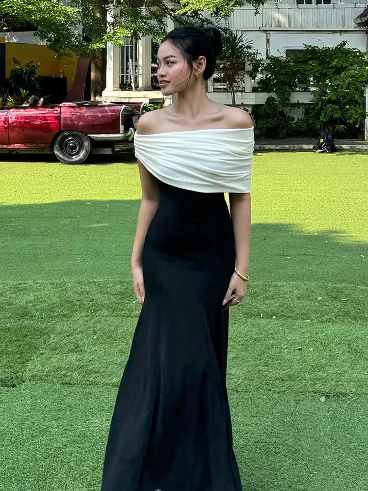 Slanted Collar Dress Women Classic Patchwork Elegant Ruched Skinny Chic Summer Birthday Party Banquet Simple Vestidos