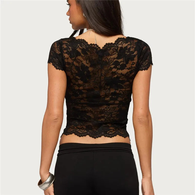Y2K Sexy Sheer Lace Crop T-Shirt V Neck Scallop Trim Short Sleeve Slim Fitted Hollow Back Night Club Party Cropped Top