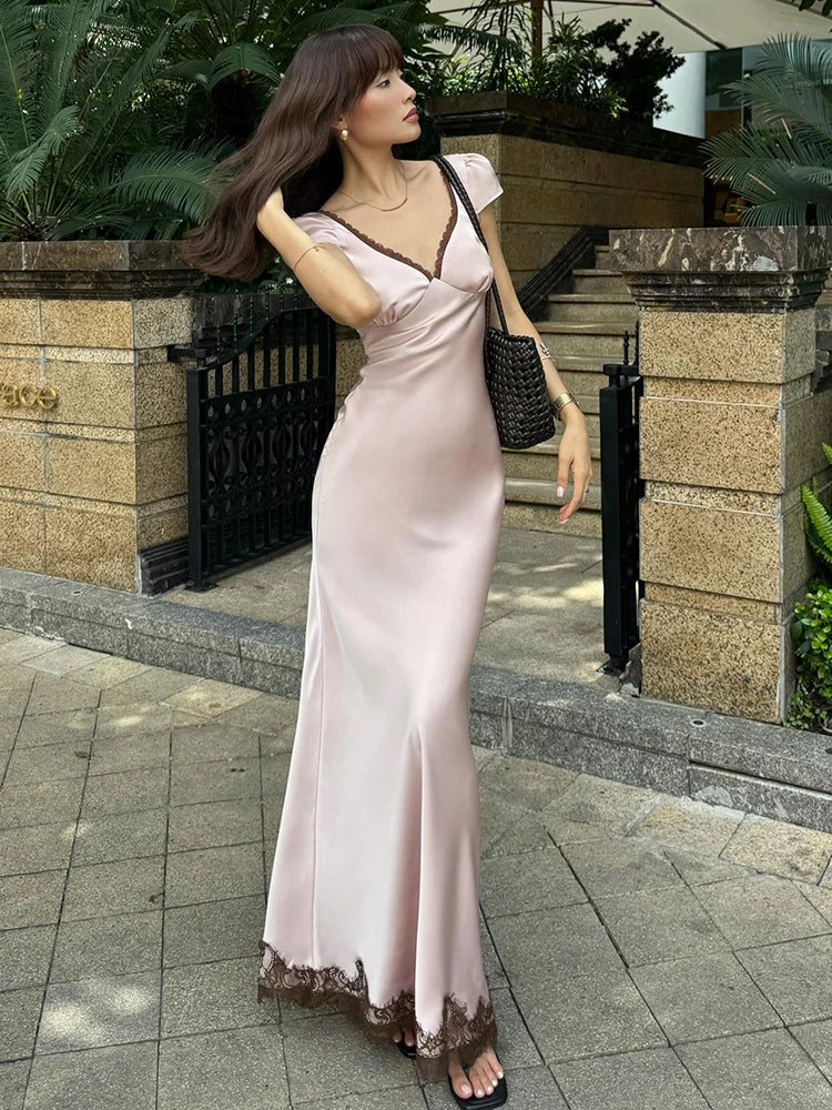 Silky Stain Elegant Dress Woman Lace Patchwork V-Neck Cross Bnadage Backless High Waist Robe Birth Party Vestidos