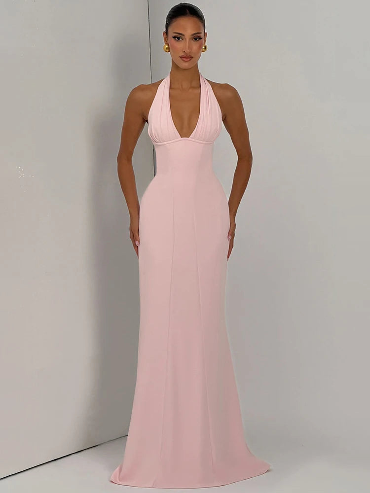Women Halter Deep V Neck Sexy Maxi Dress Elegant Sleeveless Backless Bodycon Club Party Long Dresses Wedding Guest
