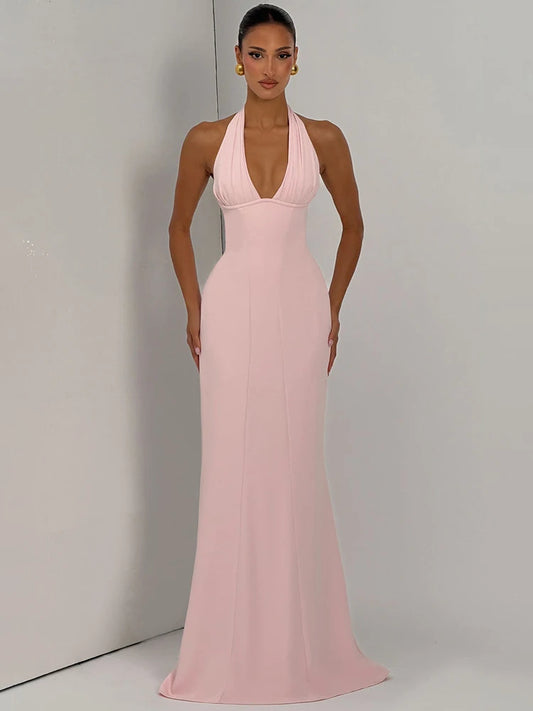 Women Halter Deep V Neck Sexy Maxi Dress Elegant Sleeveless Backless Bodycon Club Party Long Dresses Wedding Guest