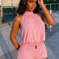 Folds Playsuits Women Metal Decoration Turtleneck Halter Bandage Backless Sleeveless Sexy  High Stretch Summer Outfits
