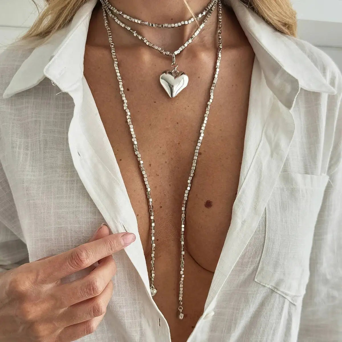 Adjustable Long Chain Necklace for Women, Sexy Stackable CCB Beads, OT Buckle, Love Heart Pendant, Choker Sweater Jewelry