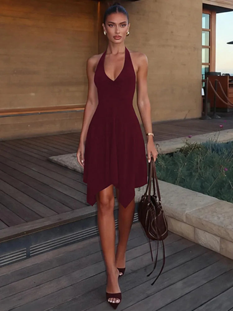 Women Halter V‑Neck Mini Dress Sleeveless Twist Front Irregular Hem A‑Line Short Dress Y2K Club Party Evening Dresses