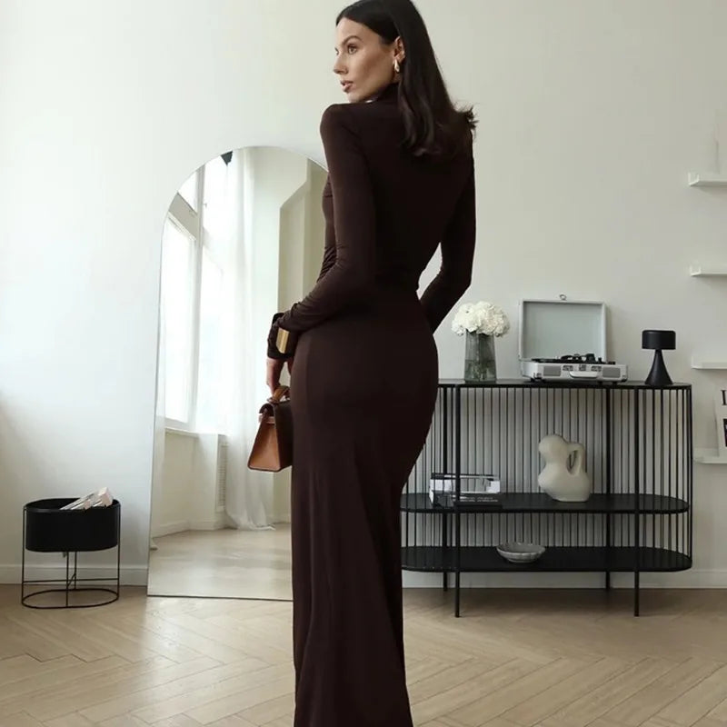 Long Party Elegant Dress Turtleneck Long Sleeve High Split Maxi Dresses Women Clothing Winter