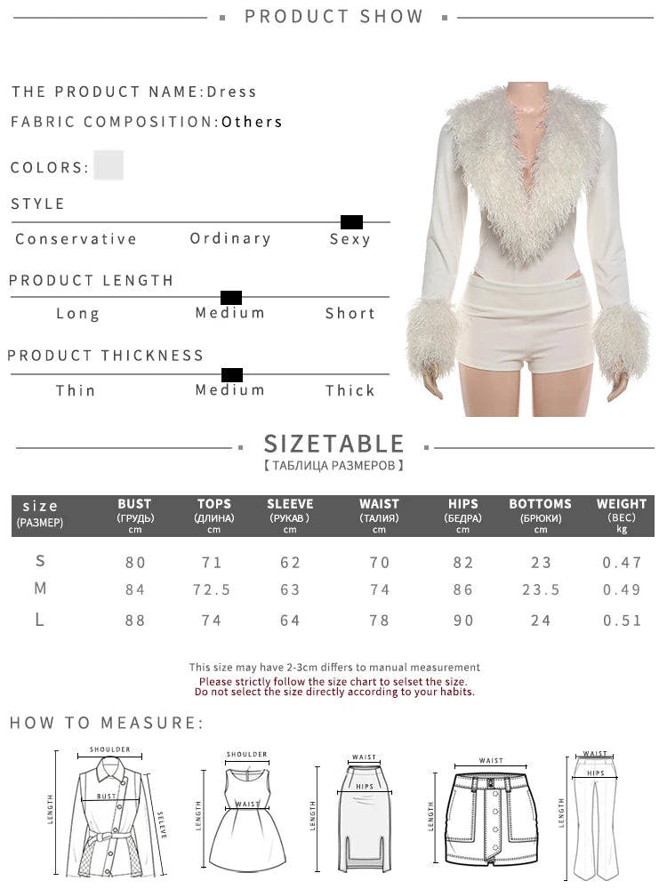 Fashion 2 Piece Set Women Sexy Furs Patchwork Deep V-Neck Full Sleeve Bodysuit+Bike Shorts Elegant Party Streetwear