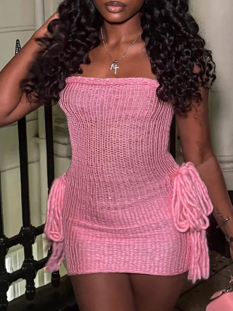 Crochet Strapless Dress Women Sexy Off Shoulder Backless Tassel Skinny Peach Hip Hottie Midnight Party Mini Bodycon