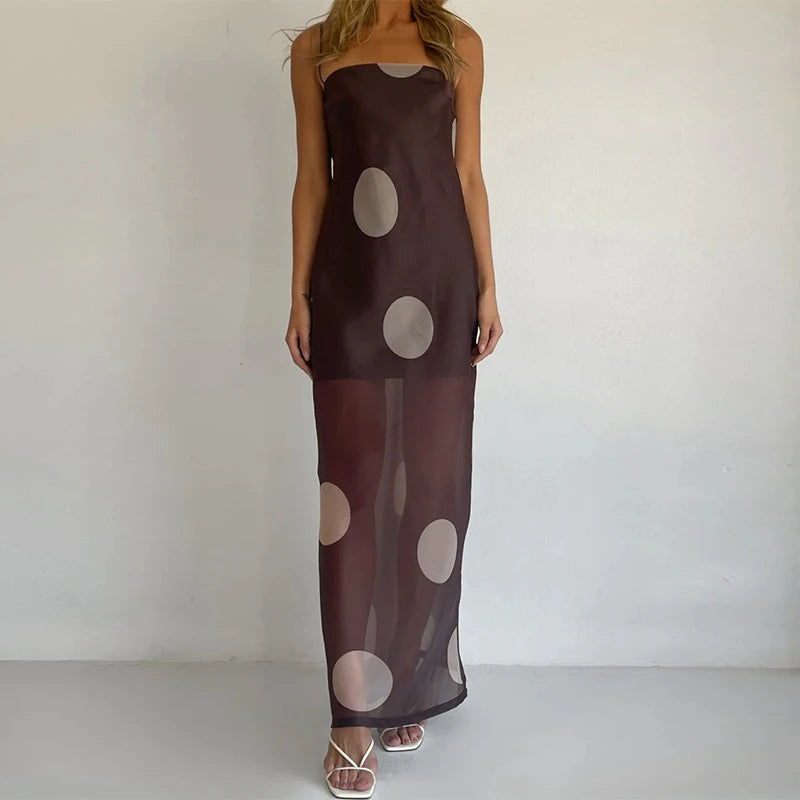 Women Polka Dot Maxi Dress Spaghetti Strap Sheer Mesh Long Dress Sexy Sleeveless Backless Elegant Summer Dresses