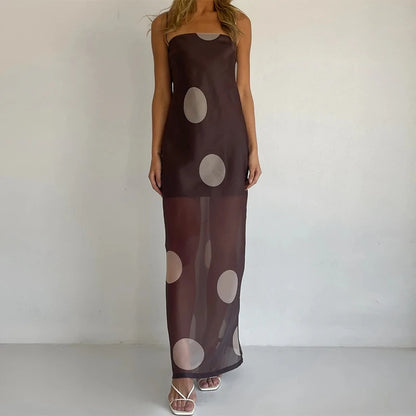 Women Polka Dot Maxi Dress Spaghetti Strap Sheer Mesh Long Dress Sexy Sleeveless Backless Elegant Summer Dresses