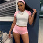 Sporty Patchwork 3 Piece Set Women Casual Summer Headband+Crop Top+High Waist Bike Shorts Street Matching Tracksuit