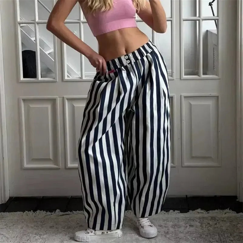 Women Vertical Striped Balloon Pants Elastic High Waist Double Button Loose Baggy Wide Leg Casual Trousers With Pockets