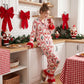 Cute Christmas Women Silky Satin Pajama Set Feather Trim Cuff Long Sleeve Lapel Top Long Pants Xmas Print Sleepwear