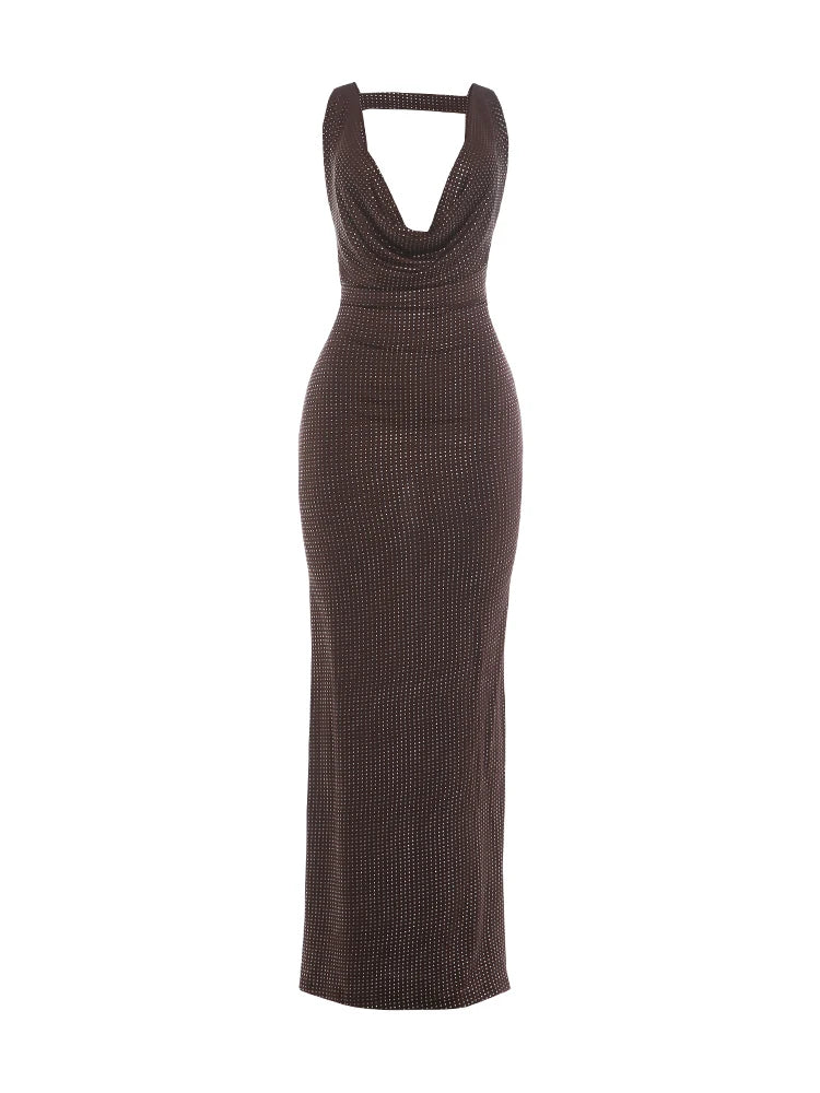 Sexy Hollow Backless Dress Women Fashion Sequin Applique Swing Collar Sleeveless Elegant Evening Party Club Bodycon