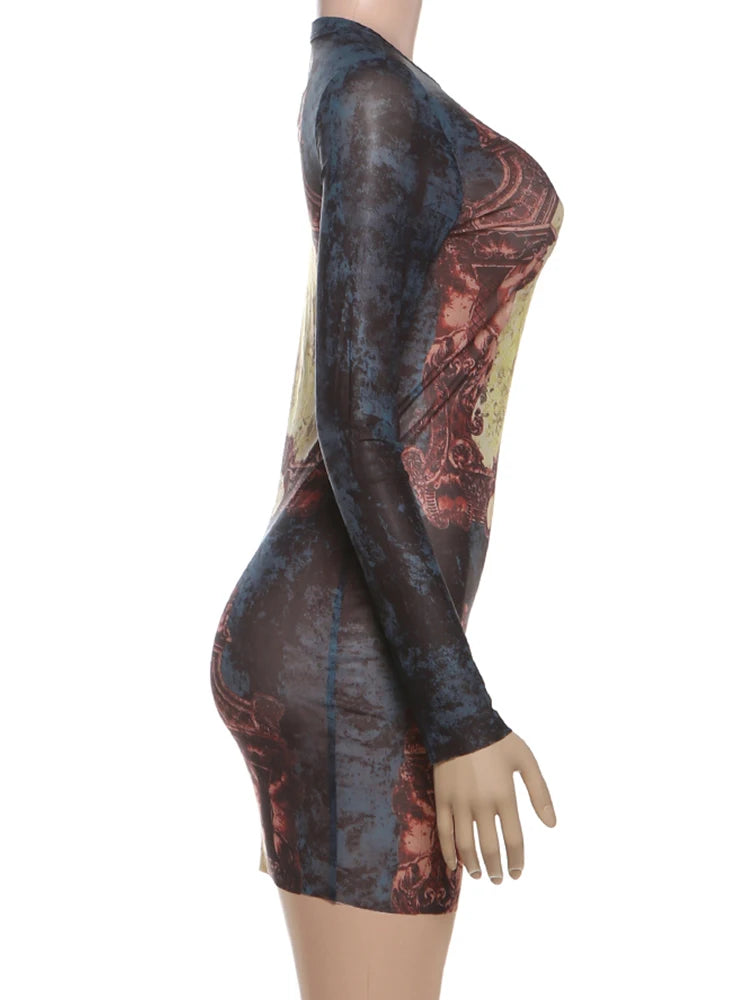 Peach Hip Sexy See Through Mini Dress Woman Colorful Print o-Neck Full Sleeve Skinny Midnight Fashion Club Party Bodycon