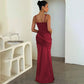 Square Neck Sleeveless Satin Splicing Ruched Maxi Dress Burgundy Black Elegant Evening Dresses Wedding