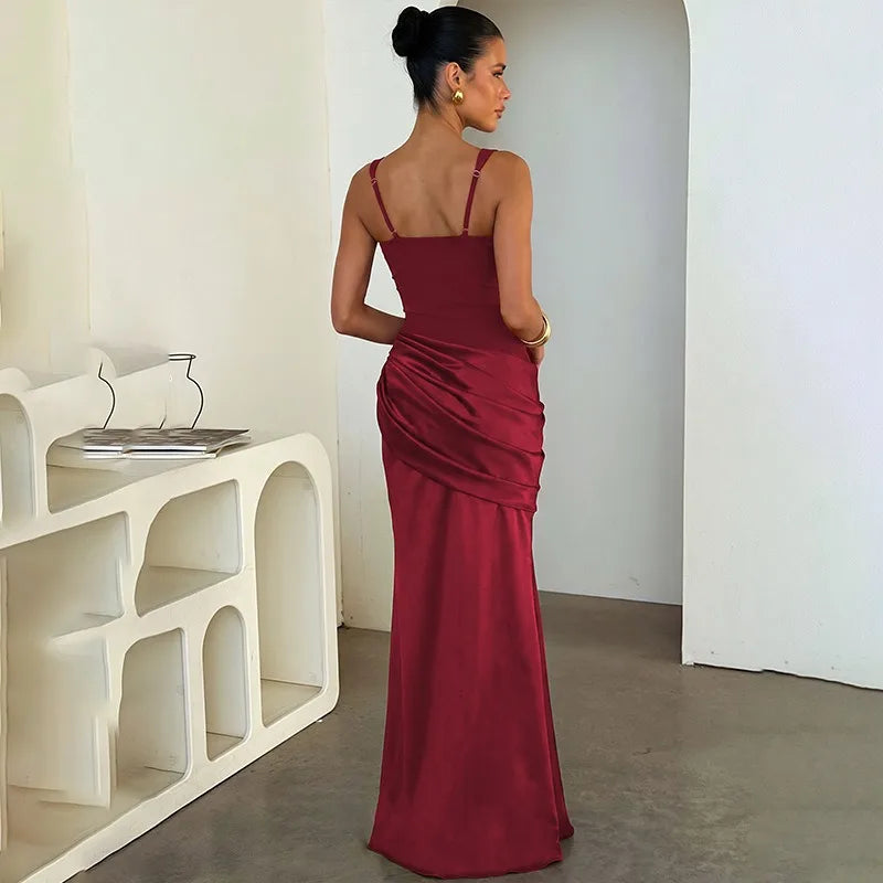 Square Neck Sleeveless Satin Splicing Ruched Maxi Dress Burgundy Black Elegant Evening Dresses Wedding