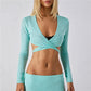 Women Y2K Deep V Wrap Long Sleeve Crop Top Self Tie Backless Crisscross Cutout Slim Fit Streetwear Cropped Blouse Tops