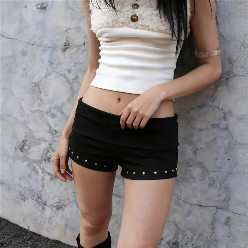 Women Fold Over Low Rise Shorts Gold Stud Hem Decor Slim Bodycon Hot Shorts Y2K Summer Casual Street Mini Short Pants