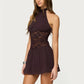 Women Mini Dress Sleeveless Halter Dress Backless Lace Patchwork Summer Party Club Dress Vacation Beachwear