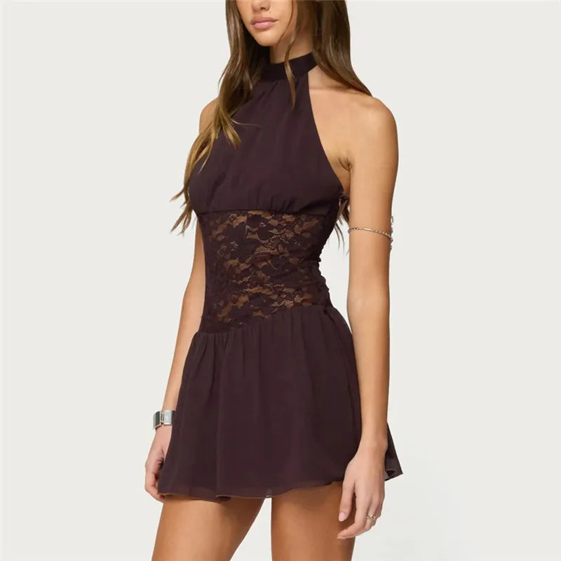 Women Mini Dress Sleeveless Halter Dress Backless Lace Patchwork Summer Party Club Dress Vacation Beachwear