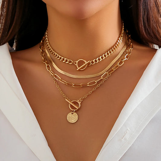 Vintage Multilayer Coin OT Buckle Pendant Choker Necklace for Women Trendy Collar Punk Flat Snake Chain Aesthetic Jewelry Gift