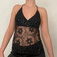 Women's Sequin Halter Tank Tops Sleeveless V-Neck Backless Slim Fit Sheer Mesh Vest Y2k Sparkle Club Party Rave Outfit
