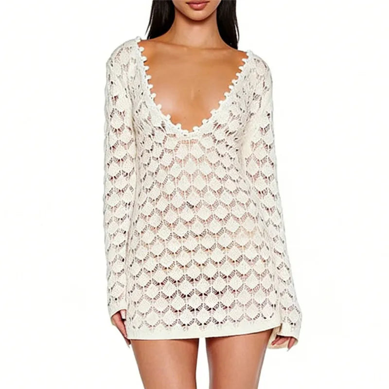 Women Crochet Knit Mini Dress Deep V Neck Long Sleeve Openwork Backless Tie-Up Bodycon Cover-Up Dress for Beach Vacation