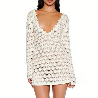 Women Crochet Knit Mini Dress Deep V Neck Long Sleeve Openwork Backless Tie-Up Bodycon Cover-Up Dress for Beach Vacation