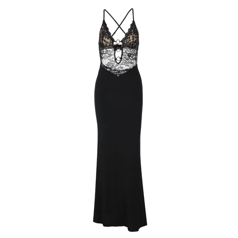 Black Lace Sexy Dresses for Woman Summer Clothes Deep V Neck Backless Maxi Dress