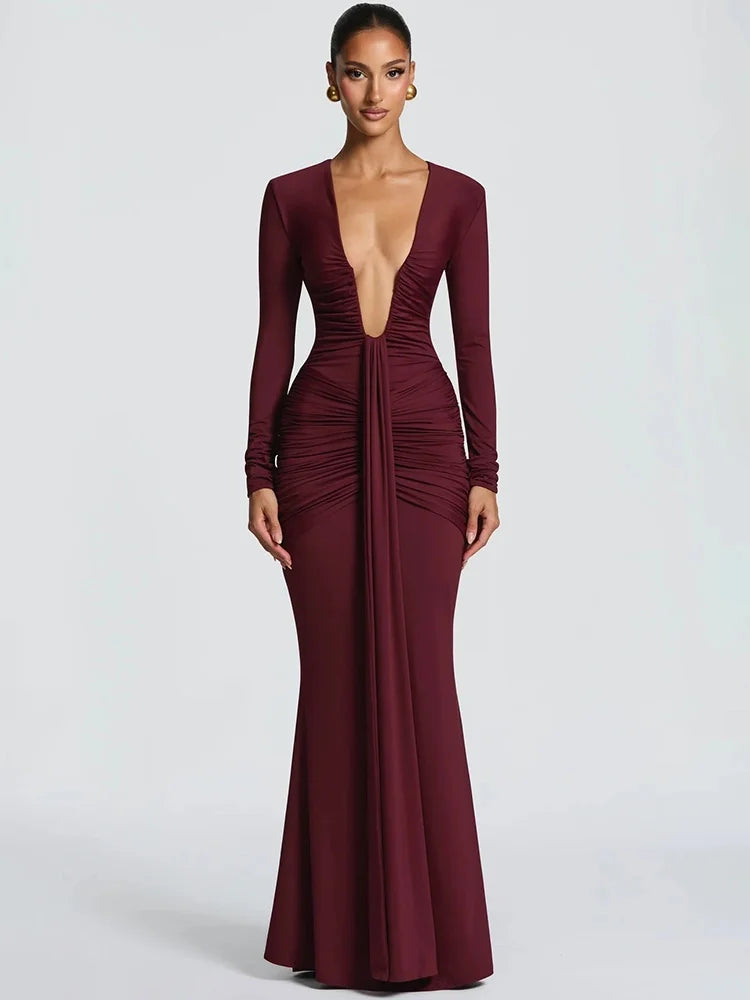 Deep V Neck Long Sleeve Sexy Maxi Dress Women Gown Spring Elegant Draped Ruched Bodycon Club Party Long Dresses Female
