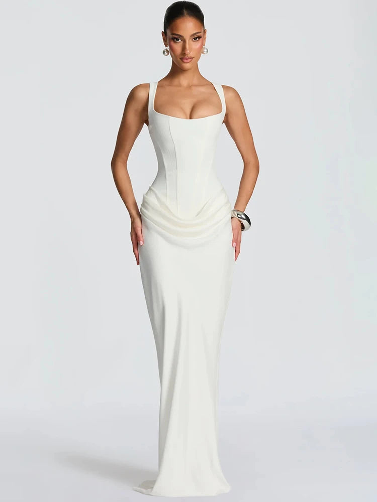 Backless Ruched Sexy Maxi Dress Women Elegant Square Collar Tapered Straps Sleeveless Bodycon Club Party Long Dress