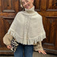 Women High Turtleneck Knitted Poncho Hollow Out Lace Tassel Fringe Cape Vintage Loose Knit Shawl Fall Winter Cover Up