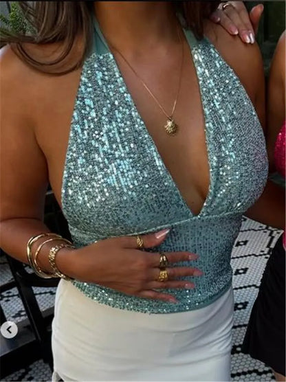 Chic Sequins Women Tank Vest Halter Backless Sleeveless Crop Top Female Summer Lady Party Club Outfits Y2K Streetwear