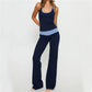 Women Two Piece Outfits Summer Scoop Neck Sleeveless Contrast Color Slim Fit Halter Tops with High Waisted Pants Set