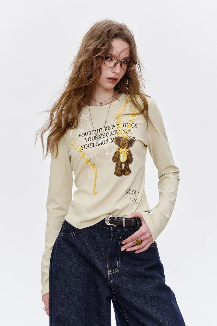 Women's Casual Long Sleeve T-Shirt with Bear Graphic Print, Cute Cartoon Pattern Crop Top for Everyday