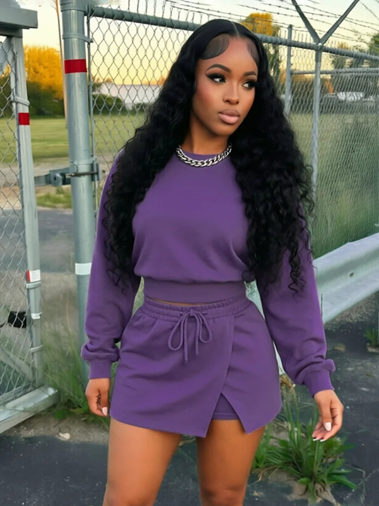 Sporty 2-Piece Set Women o-Neck Lantern Long Sleeve Crop Tops+Split Drawstring Skirt Fashion Summer Autumn Suits