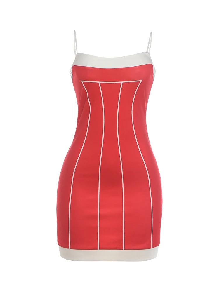 Contrast Color Patchwork Sling Dress Woman Summer Trend Low-Neck Backless Shape Waist Vacation Elegant Mini Bodycon