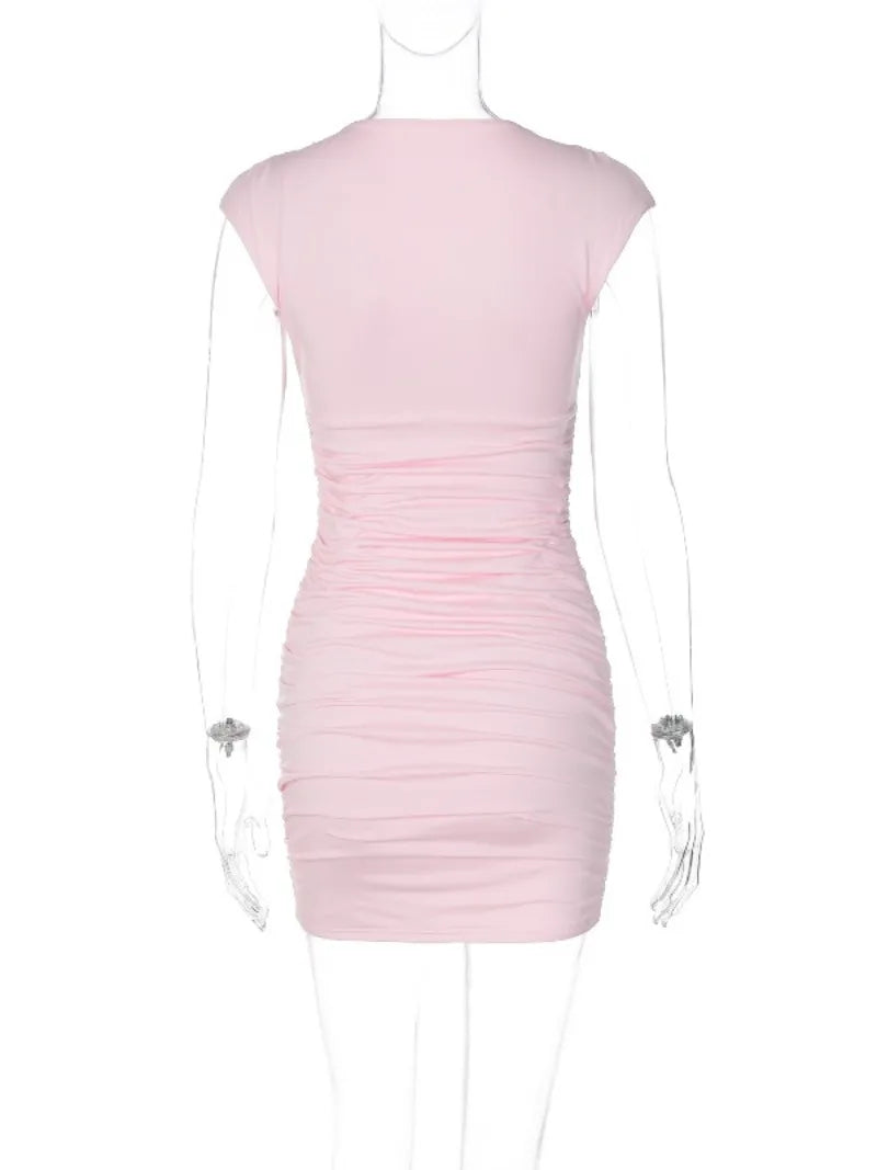 Deep V Neck Mini Dresses Pink Sexy Ruched Bodycon Dress Woman for Birthday Pictures